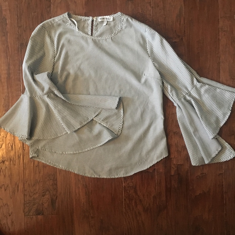White and Navy Blue Long Sleeved Blouse